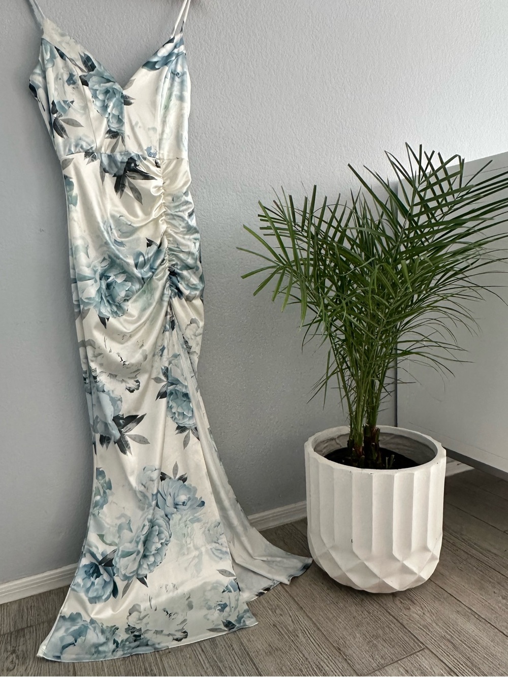 Elegant Floral Slip Dress in Light Blue and White